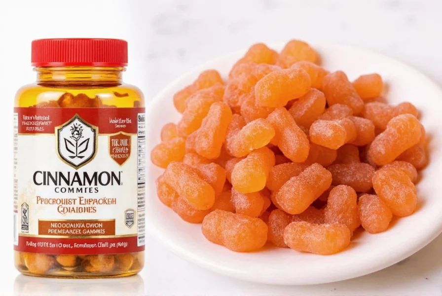 Infographic showing how to read a cinnamon gummy supplement label with callouts for key information like cinnamon type, extract concentration, and third-party certifications
