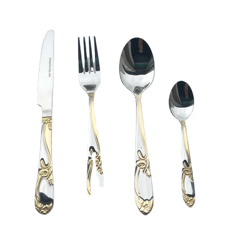 

Golden flower handle stainless steel stock cutlery with dinner fork dinner tine spoon tea spoon gold flatware cutlery set
