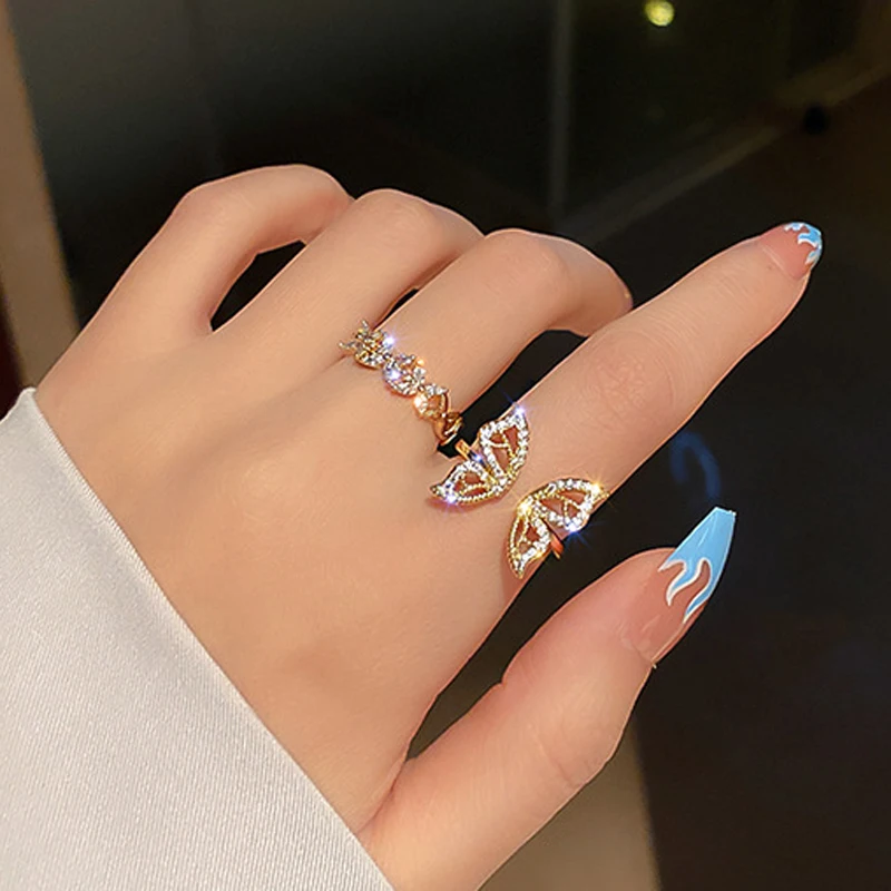

Korean Open Butterfly Diamond Zircon Ring wedding engagement knuckle finger rings for women girls, Sliver