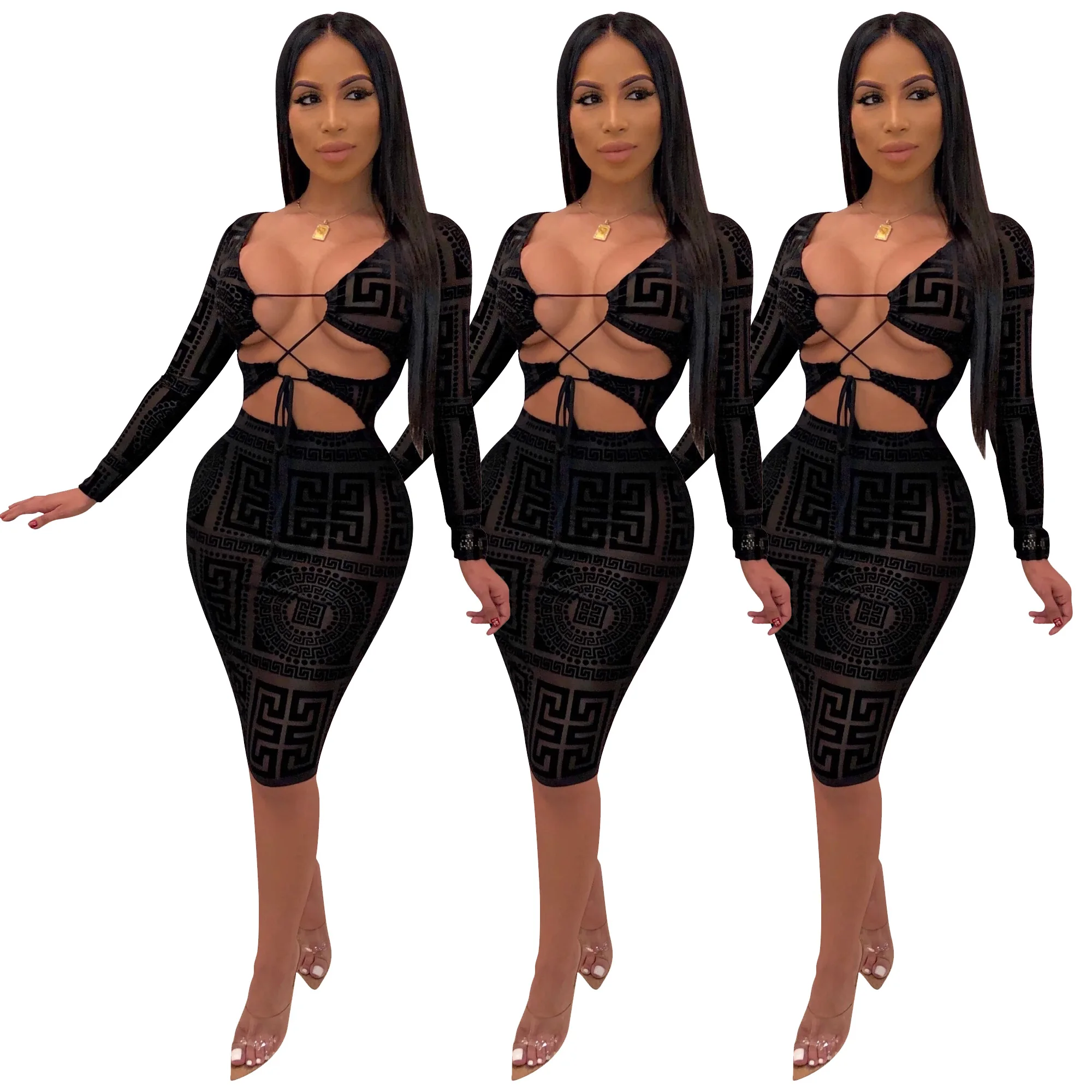 SD9183 ladies fashion casual mesh geometric long sleeve bandage dress