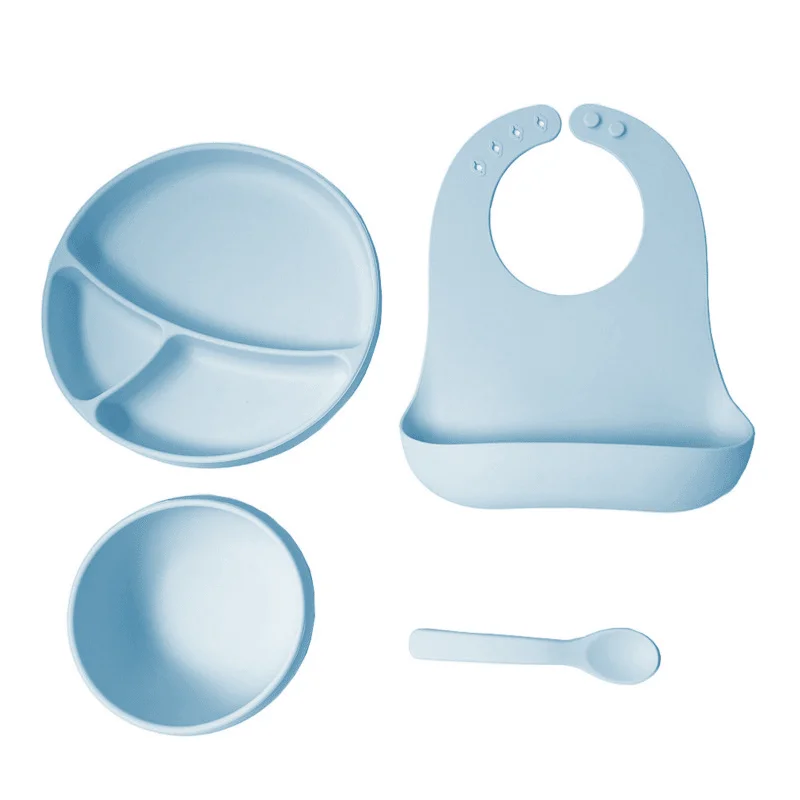 

2020 Wholesale Silicone Baby Bibs feeding plates sets Waterproof newborn Silicone Bowl Set With Spoon, Pink blue green gray