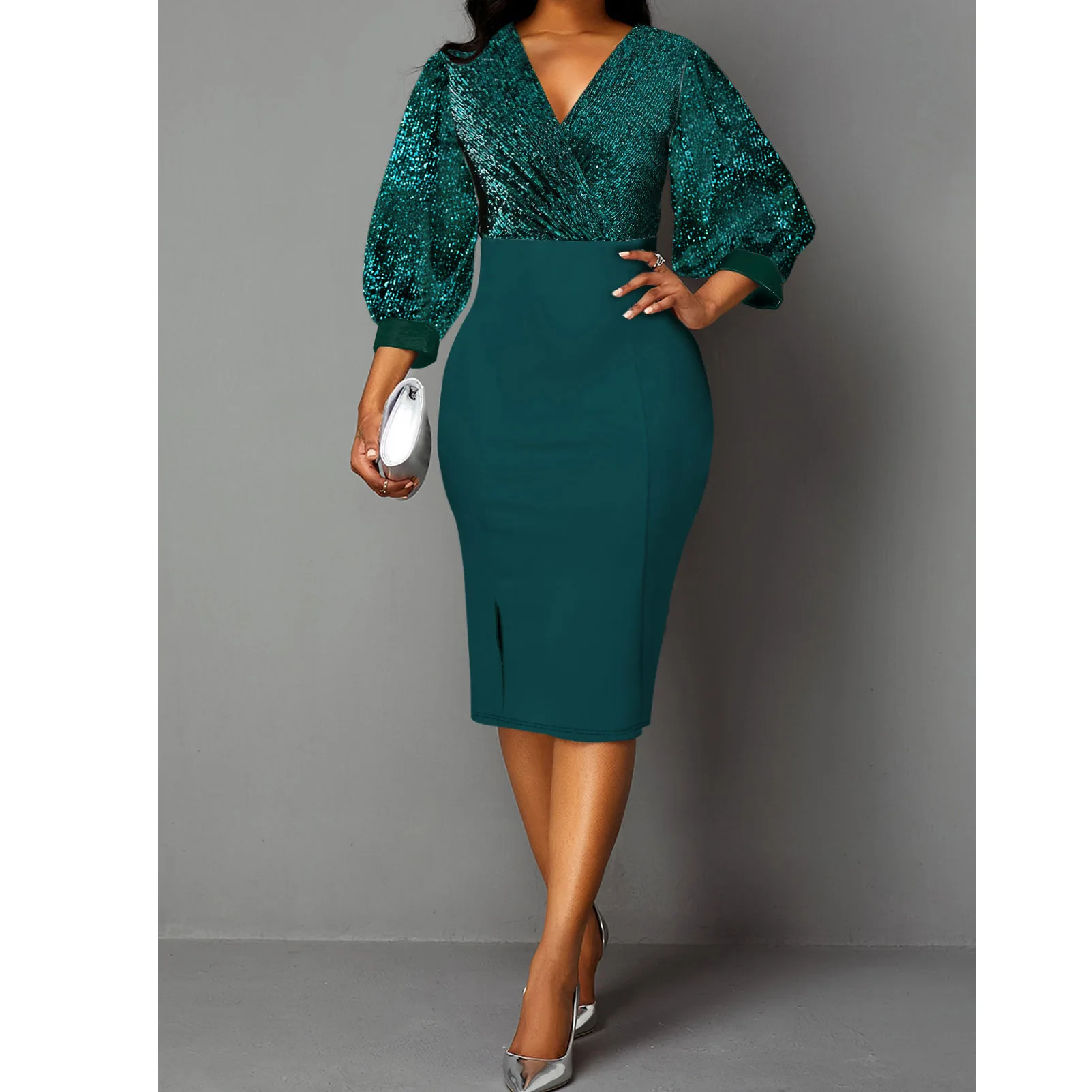

S to 5XL New Hot Sale Cheaper Sparkling V Neck Plus Size Party Elegant Dress