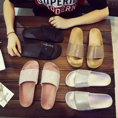 

Women's Rhinestone Sandals Shiny Flat Slippers Casual Summer Beach Flip Flops, As picture