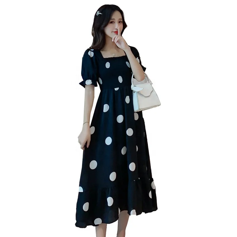 

2021 Fashion Polka Dot Print Summer Dress Women High Waist Short Sleeve Bohemian Mid Dresses