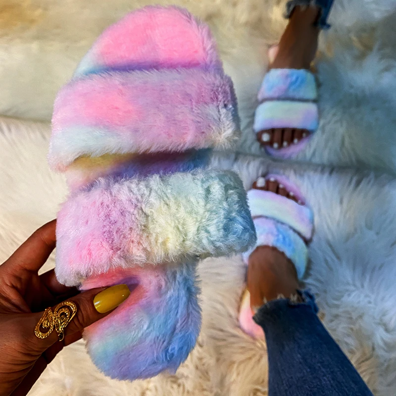 

Fashion summer bedroom furry ladies slides flat tie dye color women flat fur slides, Colorful,white,black,yellow,brown,green