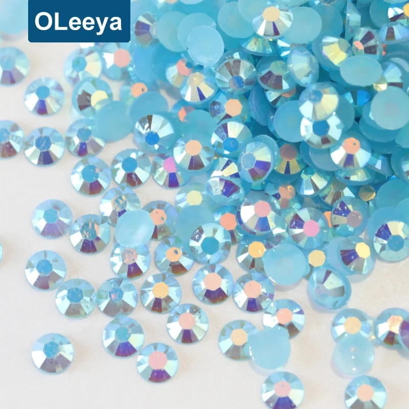 OLeeya Factory Flatback Round Beads Perfect Cut Aquamarine AB 6mm Resin Jelly Nail Art Rhinestones For Nails