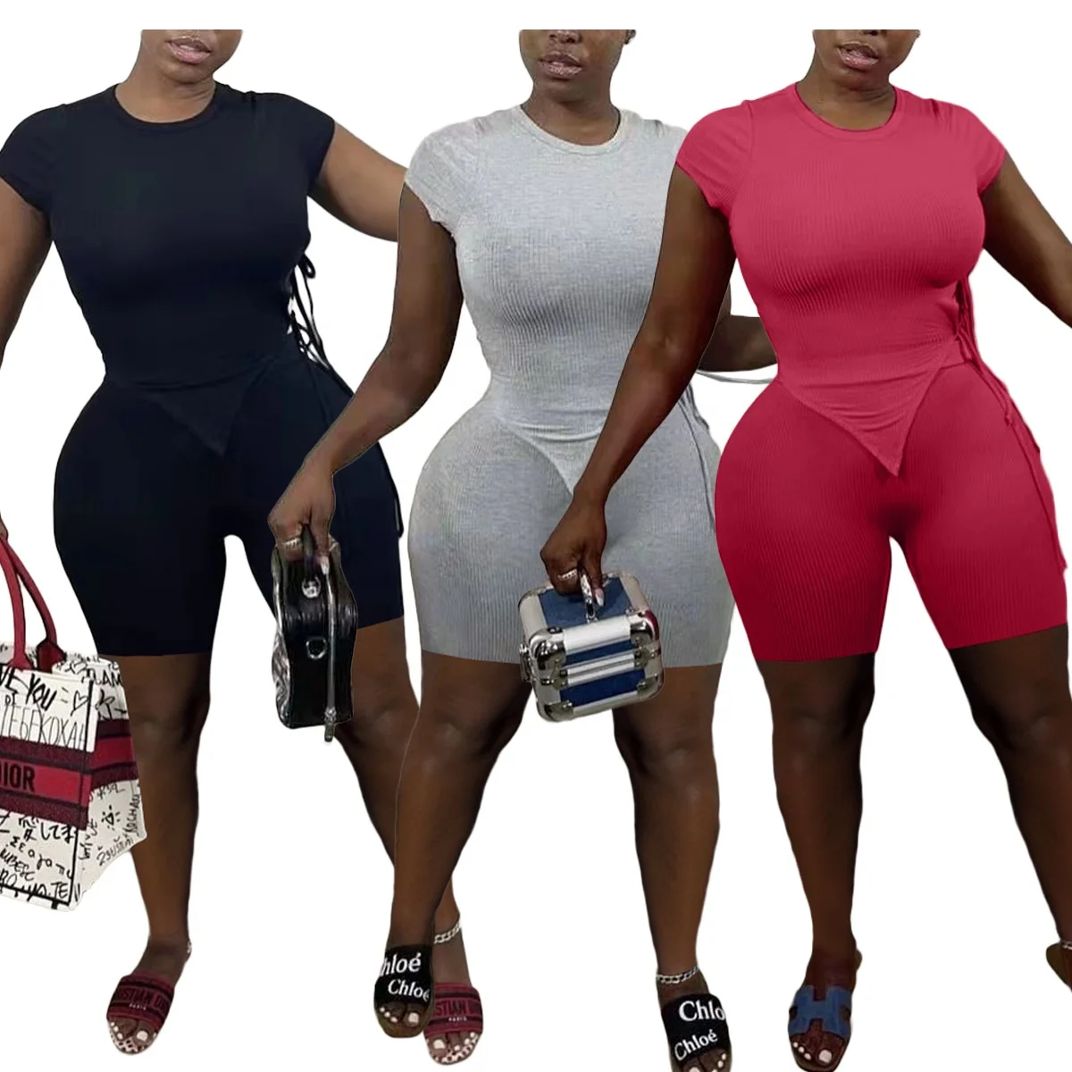 

MT91-6178 Wholesale fashion women's solid color casual unilateral strap pit strip sports suit two piece set women clothing