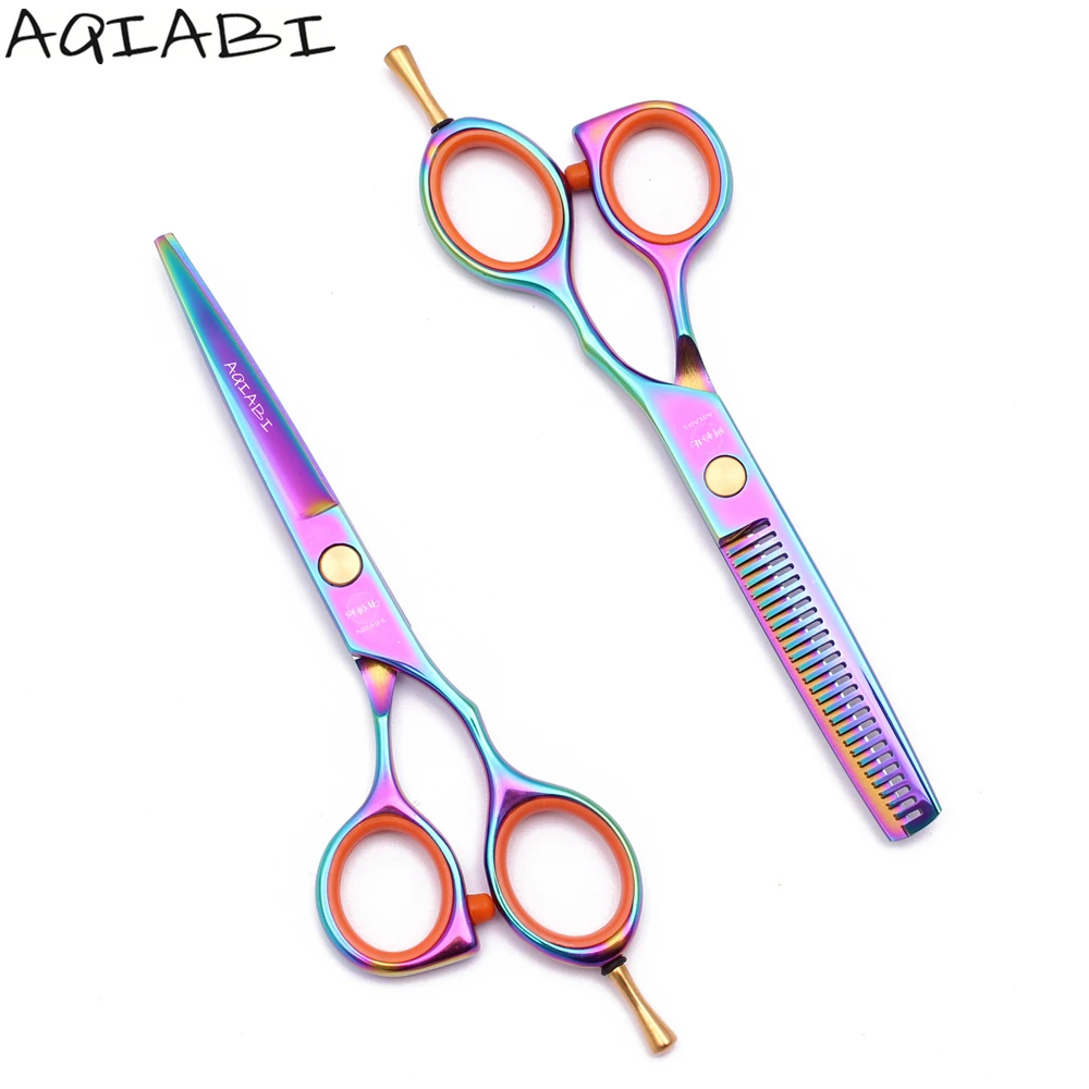 

Hair Scissors 5.5'' AQIABI JP Steel Cutting Shears Thinning Shears Barber Scissors Finger Rest Rainbow A1014, Multi-color