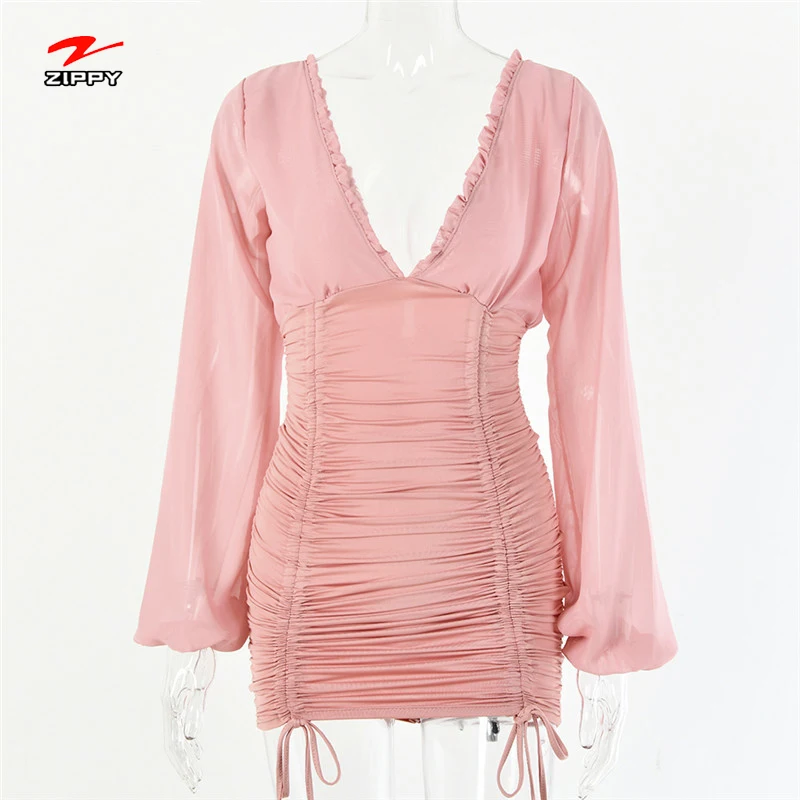 

Deep V-neck chiffon Women clothing slim long sleeve drawstring pleated sexy dress, Pink black orange white