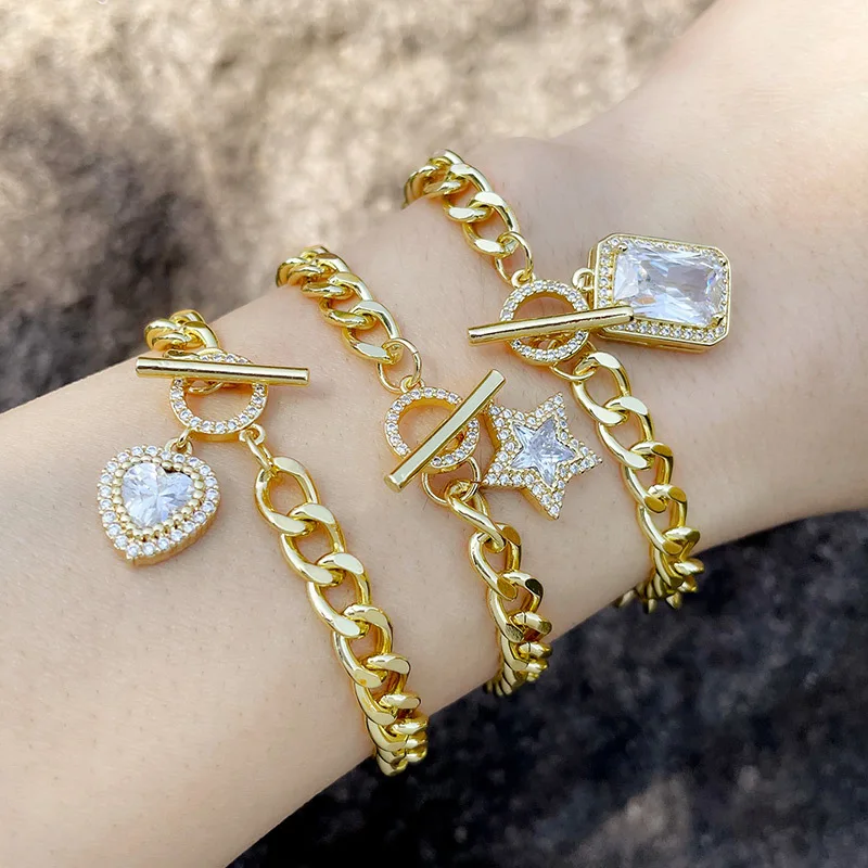 

Retro Punk Style 18K Gold Plated Pave Full Diamond Crystal OT Buckle Star Bracelet Cuban Chain CZ Zircon Heart Geometric Square