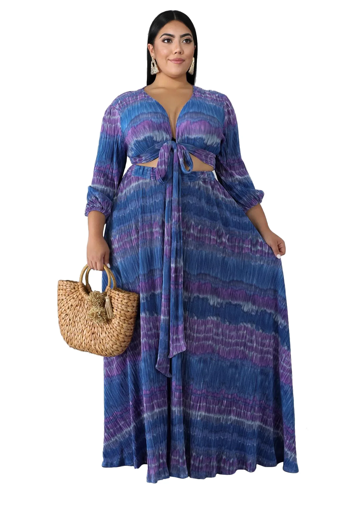 Wholesale Fashion African Fat Women Plus Size Clothes Tie Dye Two Pieces Skirt Set Big Size 4XL Long Sleeves Dresses