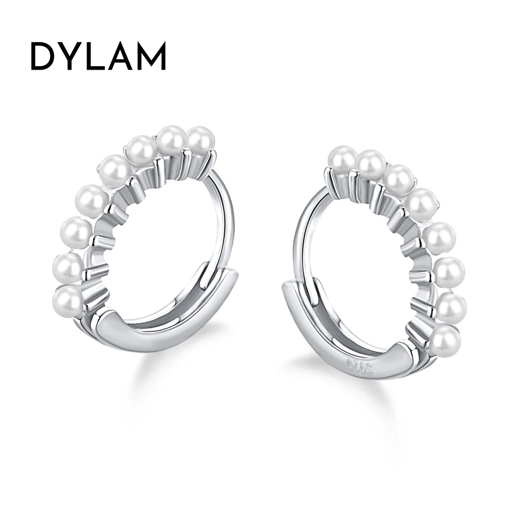 Dylam Newest 925 Sterling Silver Jewelry Circle White Pearl Circle Hoop Earrings Luxury 18K Gold Plated Zirconia Earrings Women