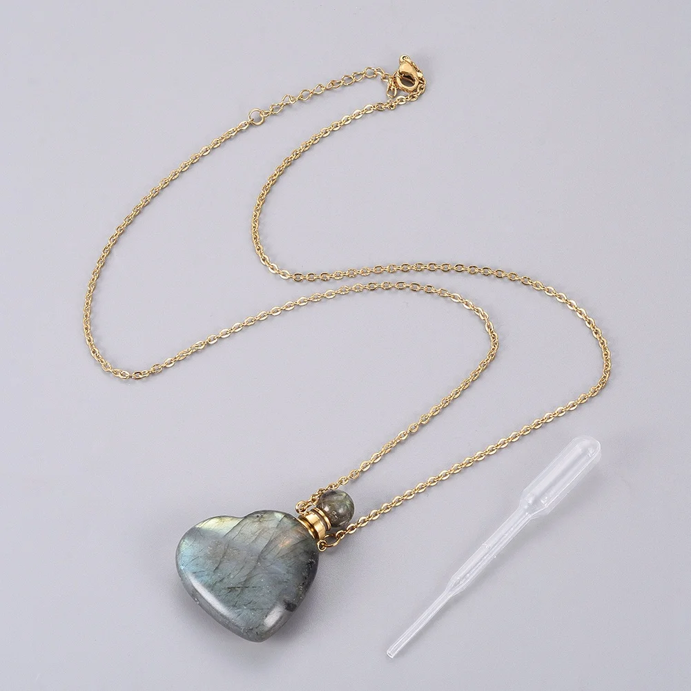 

Pandahall Natural Heart Labradorite Openable Perfume Bottle Pendant Necklace, Gold
