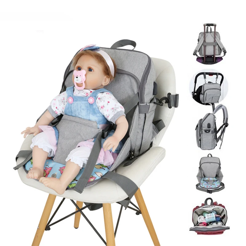 

Multifunction Portable Baby High Chair Feeding 3 In 1 Diaper Bag Backpack Foldable Mummy Travel Dining Safety Diaper Bag Chair, Black, grey, red,blue,or customize
