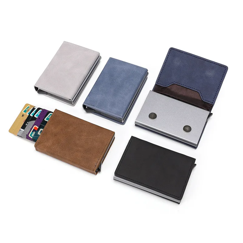 

2021 PU Anti Theft for men and women rfid Credit Card Holder metal Box Slim Clutch Pop Up Smart Wallet, Black, gray, blue, brown