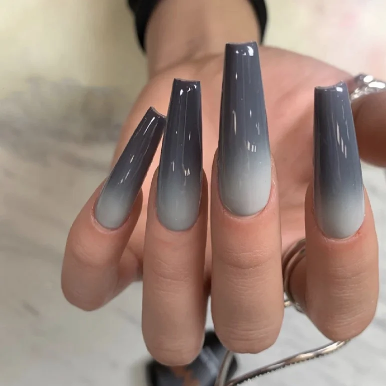 

High-grade grey Ombre Long Ballerina coffin nail press on fancy press on nails