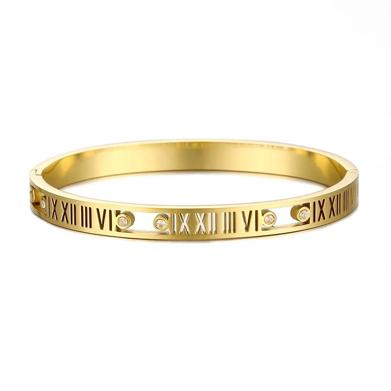 

Wholesale Custom 18K Gold Plated Stainless Steel Hollow Roman Numerals bijoux acier inoxydable Cuff Bangle Bracelet Jewelry