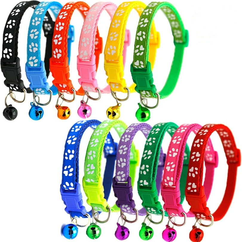 

High Quality Multi-Colored Cat Paw Printed Adjustable Pet Nylon Collar Small Puppy Cat Dogs Bell Collars