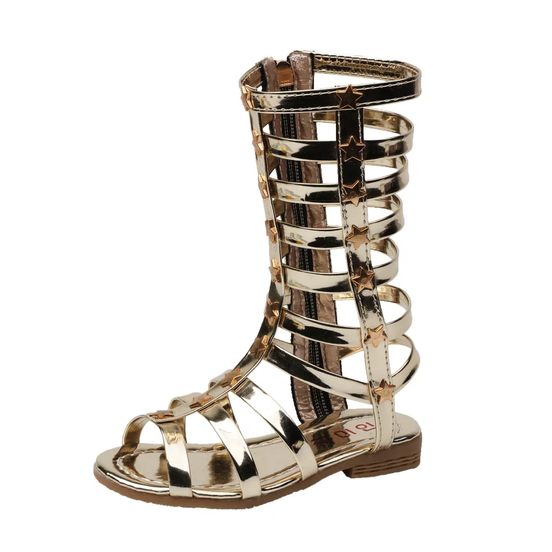 

2019 China Wholesale Girls Fashion Fancy Flat Summer Sandals Shoes Knee High Kids Gladiator Sandals, Silver,gold,black