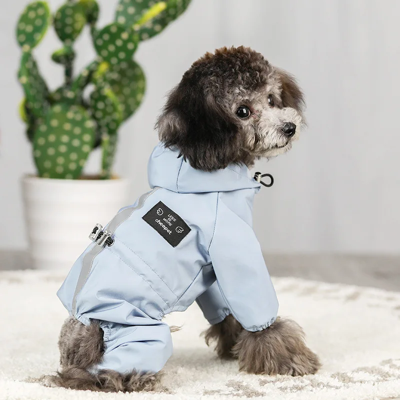 

2021 New design fashion Luxury raincoat waterproof four-legged hooded dog pet clothes clothing dress coat, Pink;blue