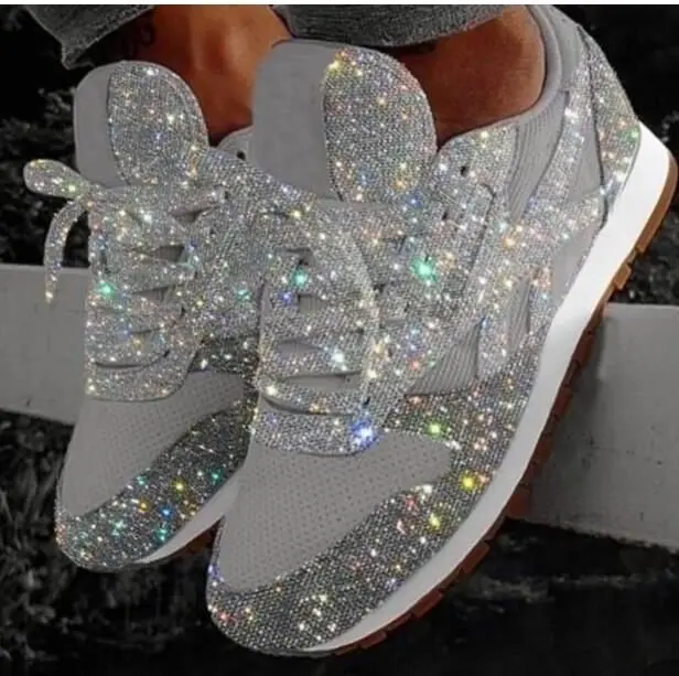 

Women Flat Glitter Sneakers Casual Female Mesh Lace Up Bling Platform Comfortable Plus Size Vulcanized Shoes 2020 Soft Knitting