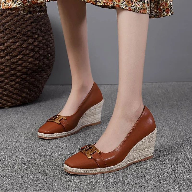 

Retro women wedge heel metallic buckle decoration slip on female single shoes square toe spring lady espadrille pumps