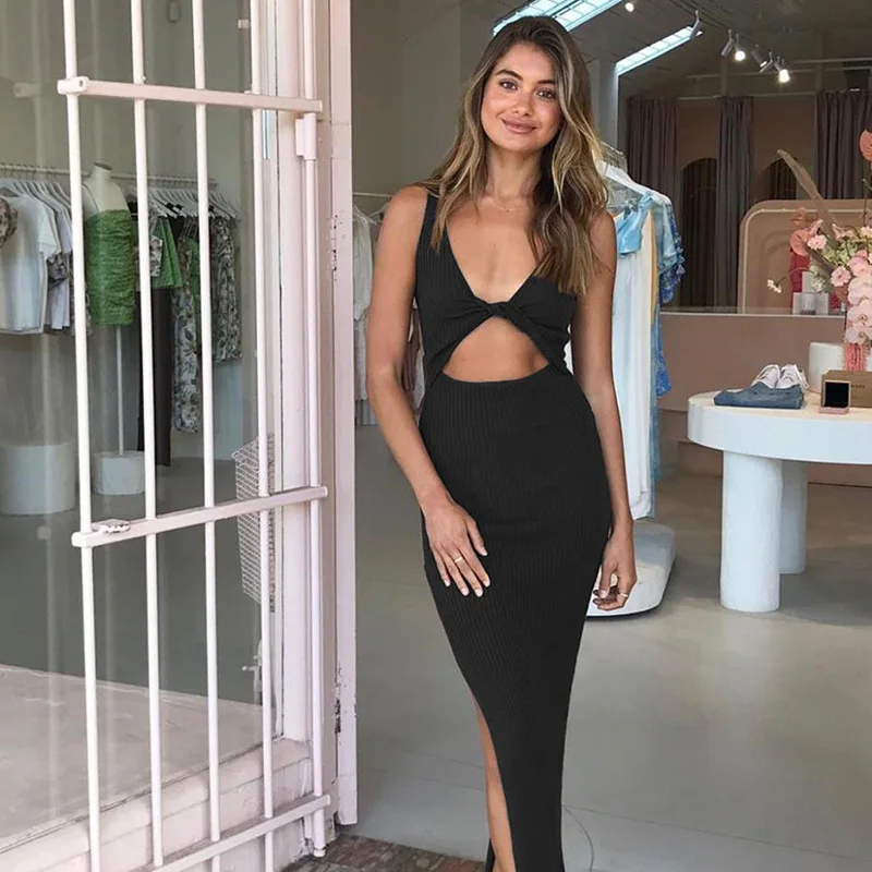 

Summer new 2021 dresses women street style sparkle fashion backless halter sexy black party slim maxi ribbed casual dress, Customized color