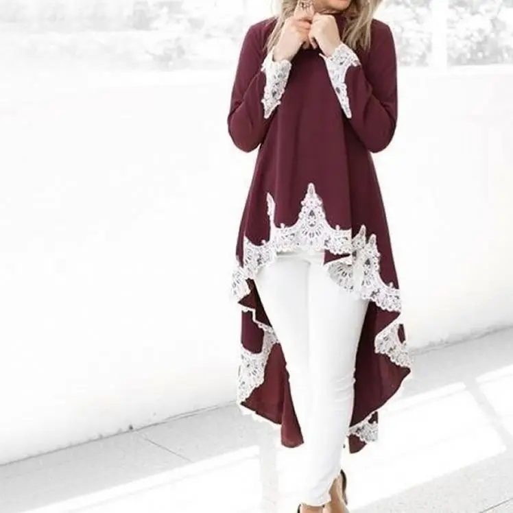 

Wholesale Fashion Women Girls Latest Design Plus Size Long Sleeve Lace Matching Irregular Short Front Long Back T-shirt Dress