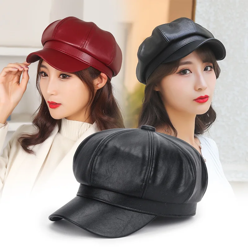 

Hats & Caps 2021 new fashion beret fake leather cap adjustable octagon hats for partyBerets