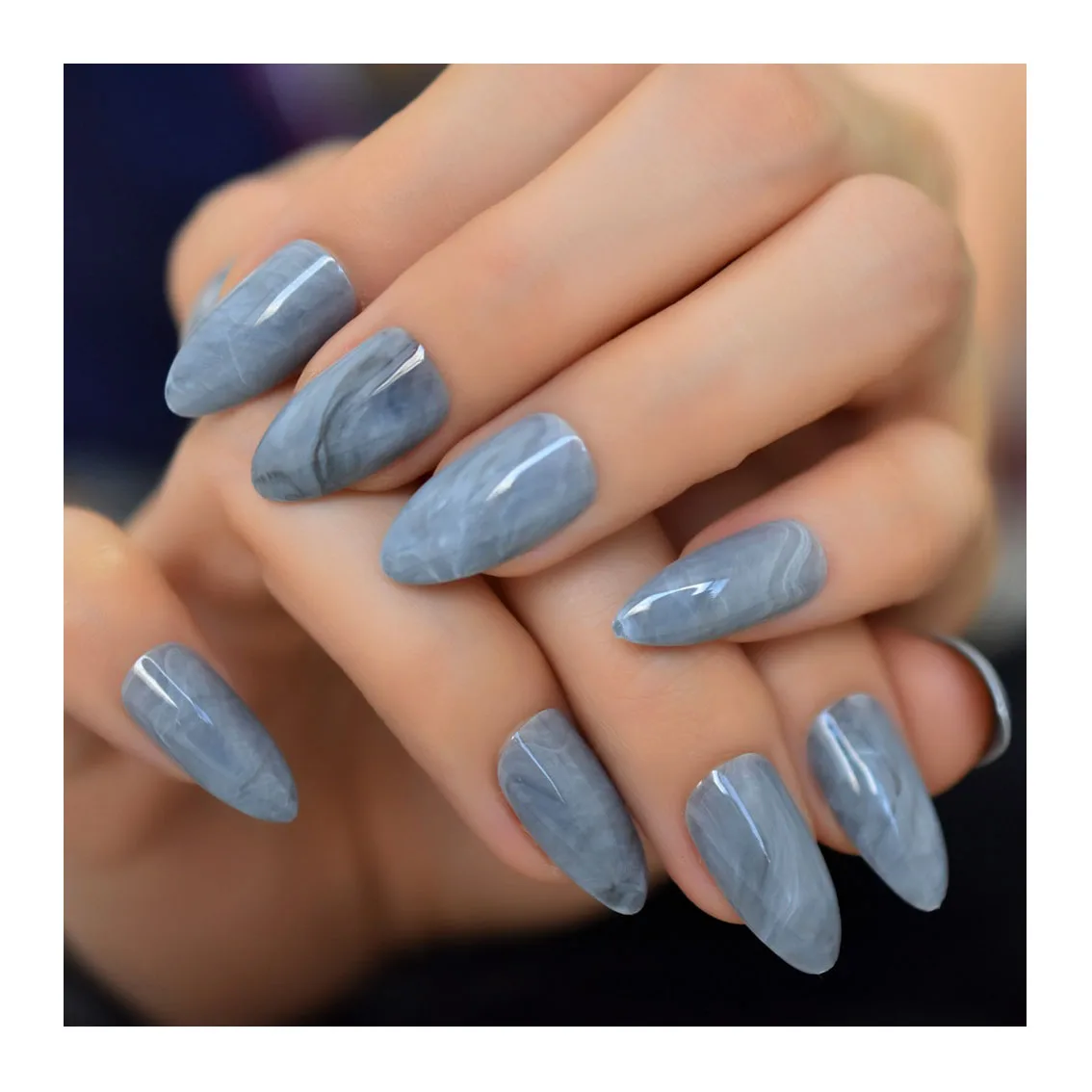 

NA0403 Long Stiletto Marble Fake Nails Stone Pattern Pointed Dark Shiny Long Press On False Nails for Finger, As pictures show