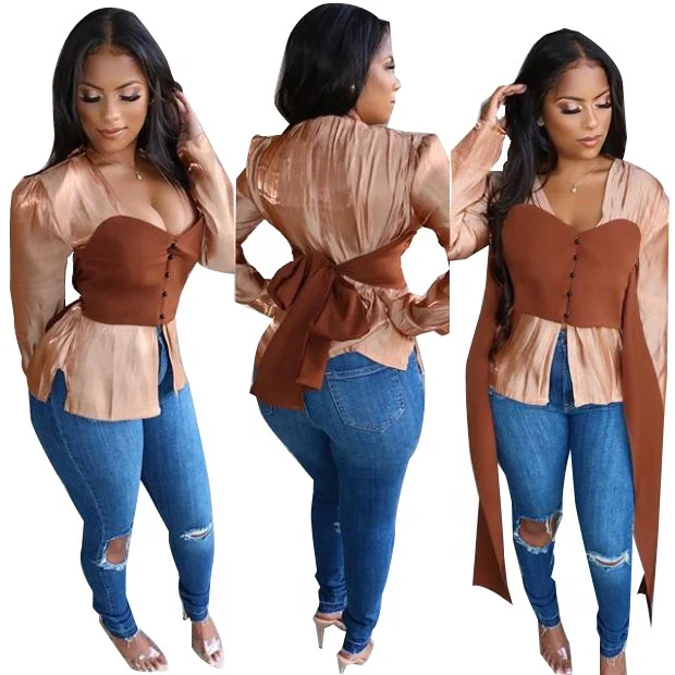 

B62239A American ladies sexy patchwork color lace-up fashion top hot style