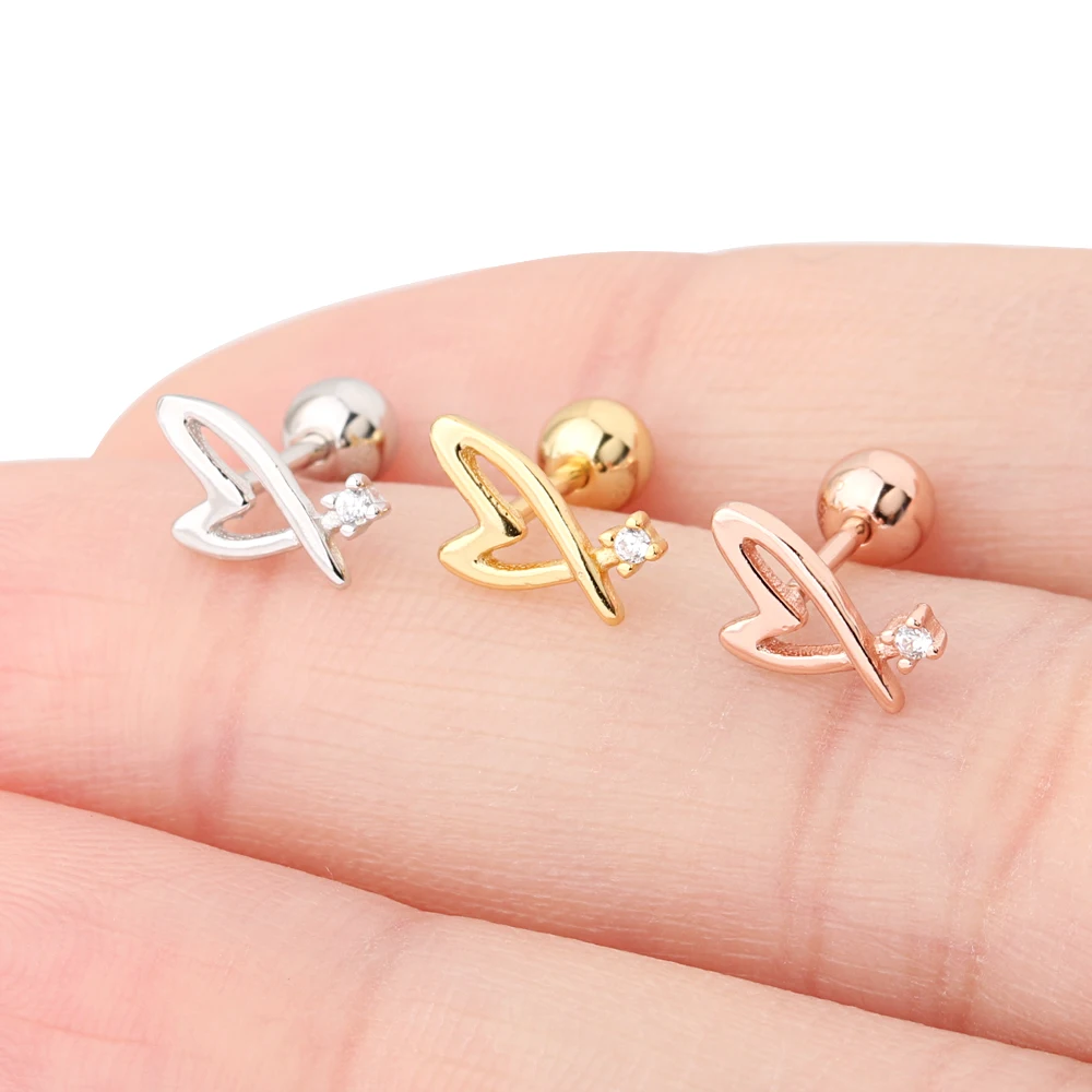 

Fashion jewelry minimalist 925 sterling silver cartilage piercing earring arete gold plated zircon heart studs earrings