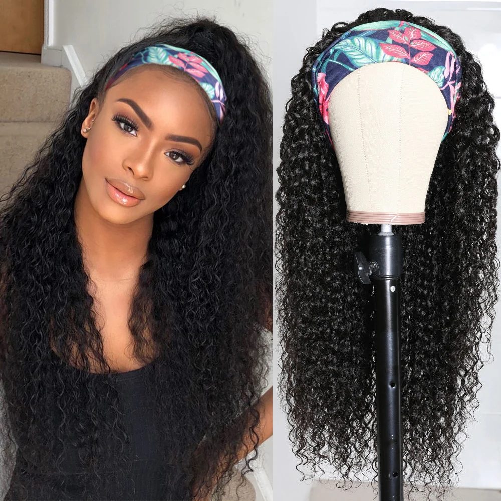 

human hair feeling japanese kaneka fiber afro kinky curly headband wigs for black women, short black curly wig with headband