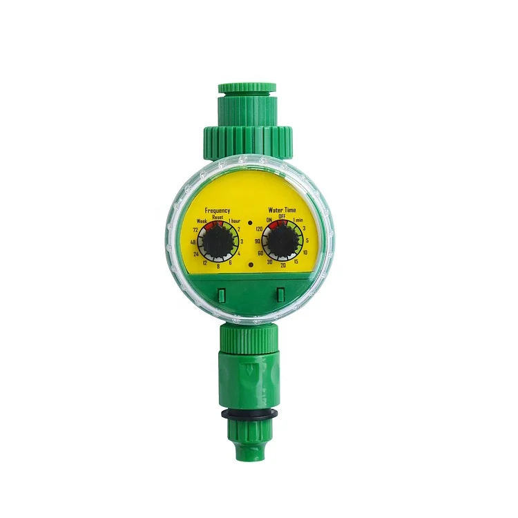 

Hot selling Dual dial code water timer carries dry battery power and motor valve for house garden irrigation, Green body yellow face
