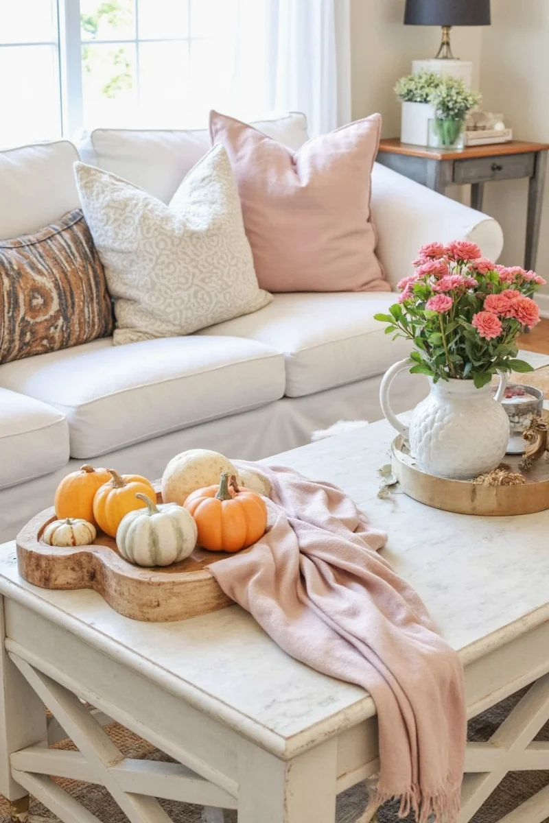Fall coffee table decorated with branches, pinecones, and soft blankets