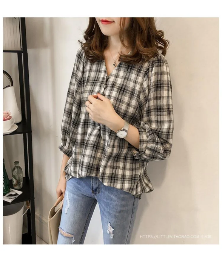 

2021 Summer Casual Shirt Patchwork Button Solid Color Plaid Women Shirt Long Sleeve