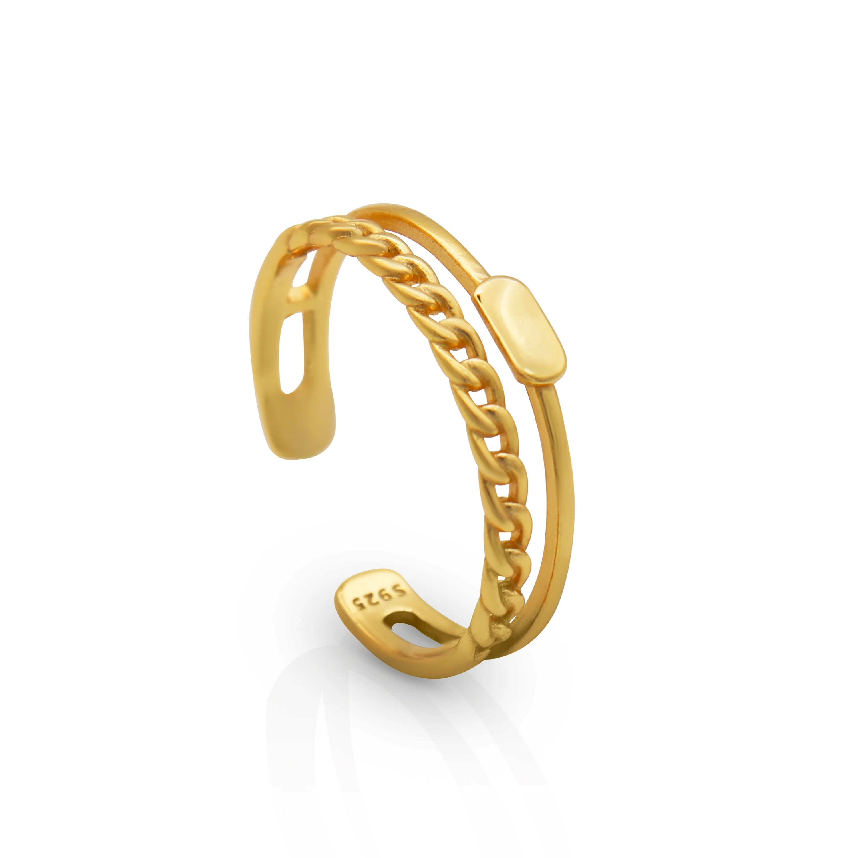

Chris April Fashionable 925 sterling silver gold plated simple double chain ring for women, Yellow gold