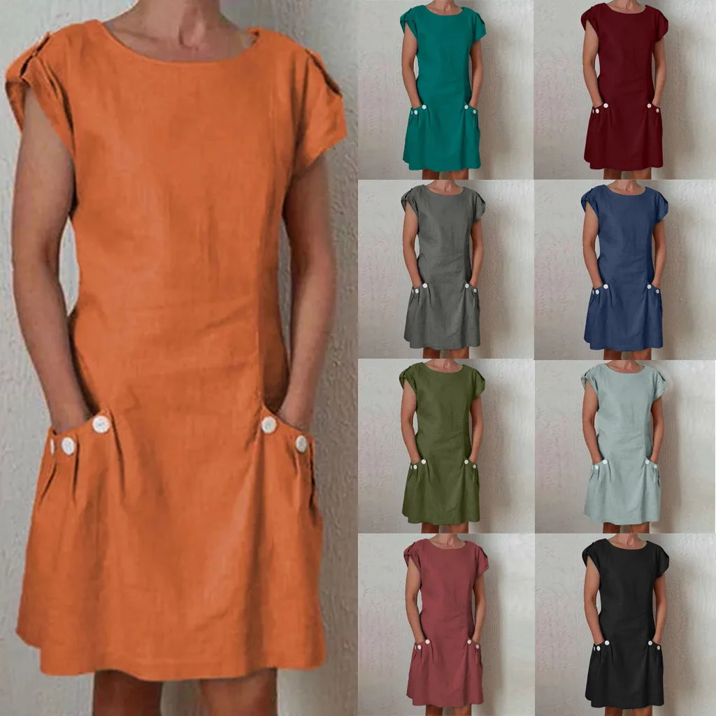 

solid color loose short sleeve casual cotton and linen skirt Summer new dress, Colorful