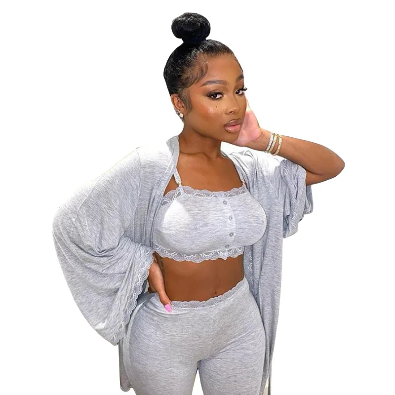 

High Quality Night Gown Robe Sets 2021 Autumn Sleepwear Sexy Lace Patchwork Solid Color Grey Cotton Womens 3 Piece Pajama Set