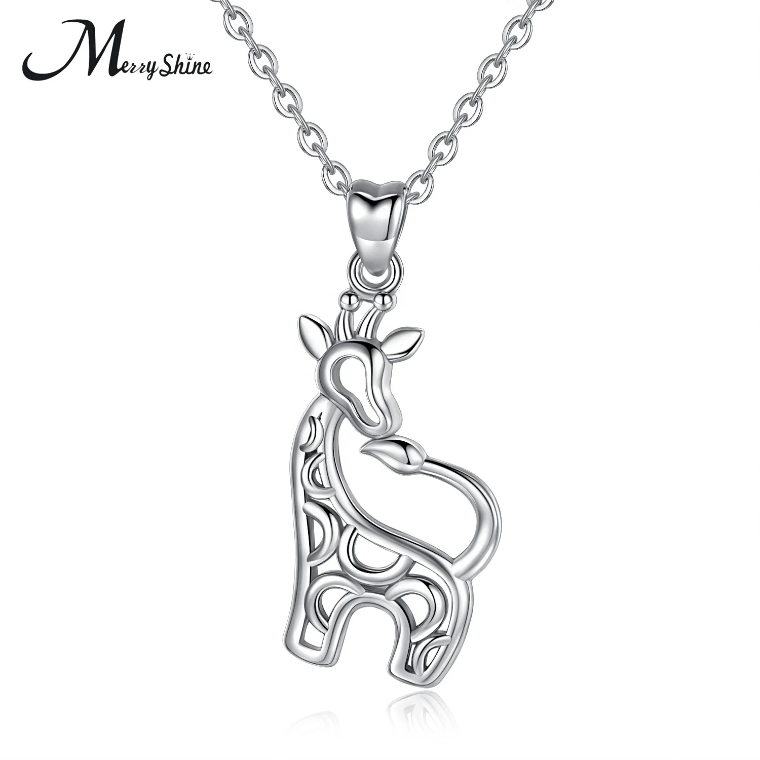 

Merryshine 925 sterling silver hollow out cute design giraffe animal pendant necklace