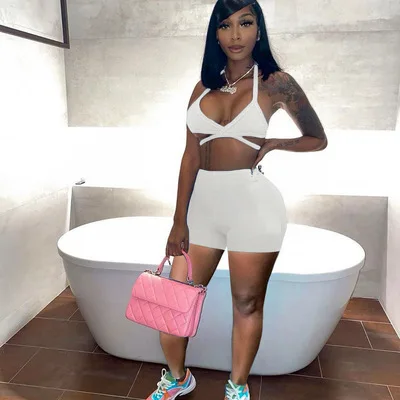 

New Design Summer Popular Casual Sexy Ladies Fitness Gym Solid Color 2 Piece Short Set Women
