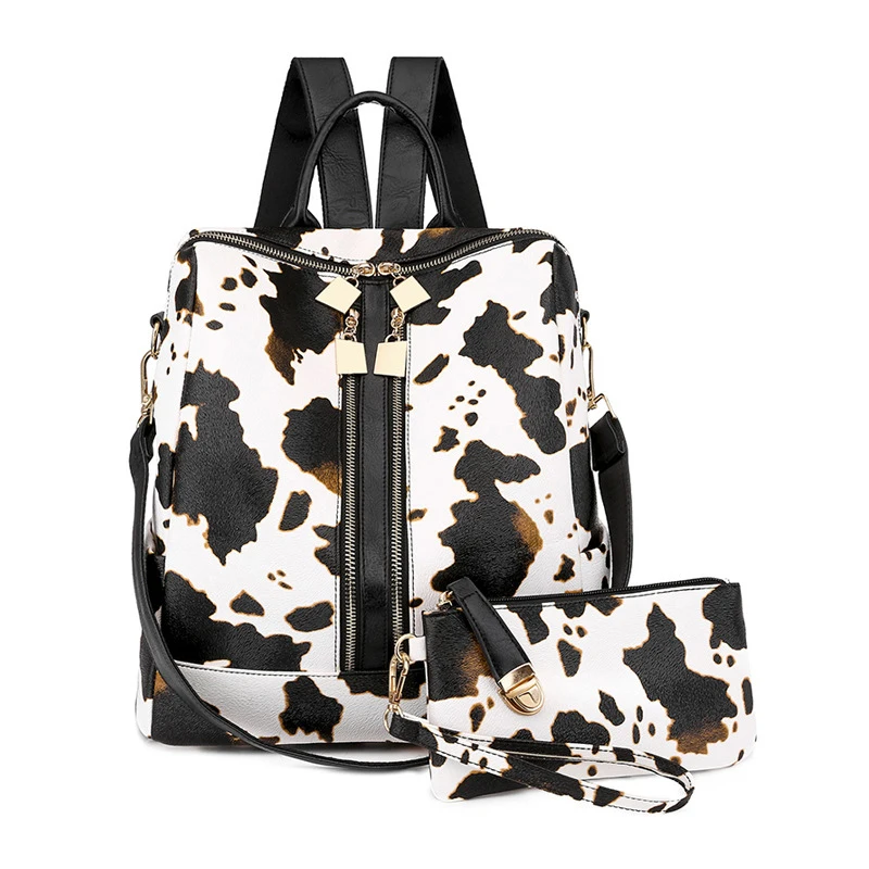 

Amazon Hot Cow Print PU Anti-theft Casual Shoulder Backpack Bag Purse Fashion Ladies Back Pack With Clutch, 4 colors