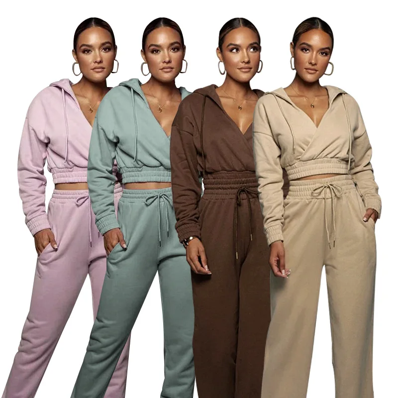 

Winter Thicker Fleece Lounge Wear Sets Deep V Neck Crop Top Hoodies and Joggers Sets 2 Piece Women 2021 Causal Two Piece Set