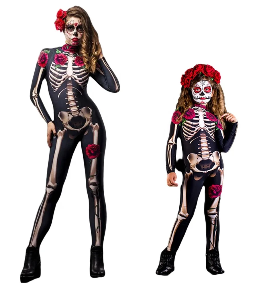 

New Rose Pattern Mom And Girls Cosplay Clothing Halloween Jumpsuit Costume Kids Women