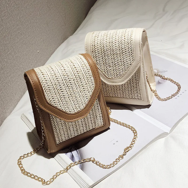 

New Design Straw Woven Small Handbag Chain Crossbody Messenger Bag New Korean Daily Life Wicker Handbag for Girls, Can custom