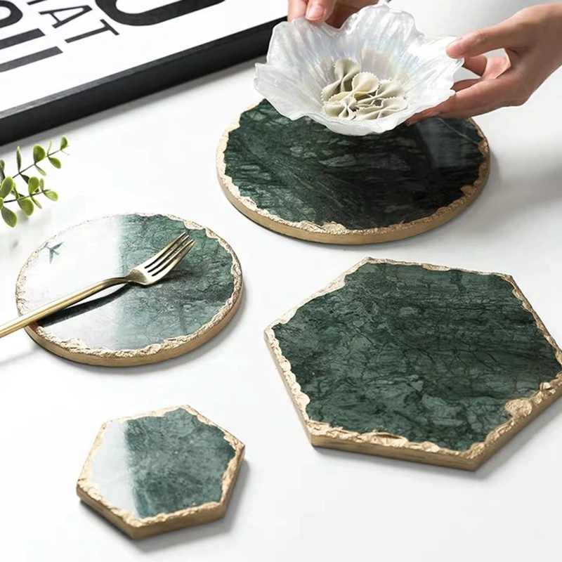 

Luxury Non-Slip Emerald Real Marble Coaster Mug Place Mat Green Stone With Gold Inlay Heat Pot Holder Marble Trivet Mat