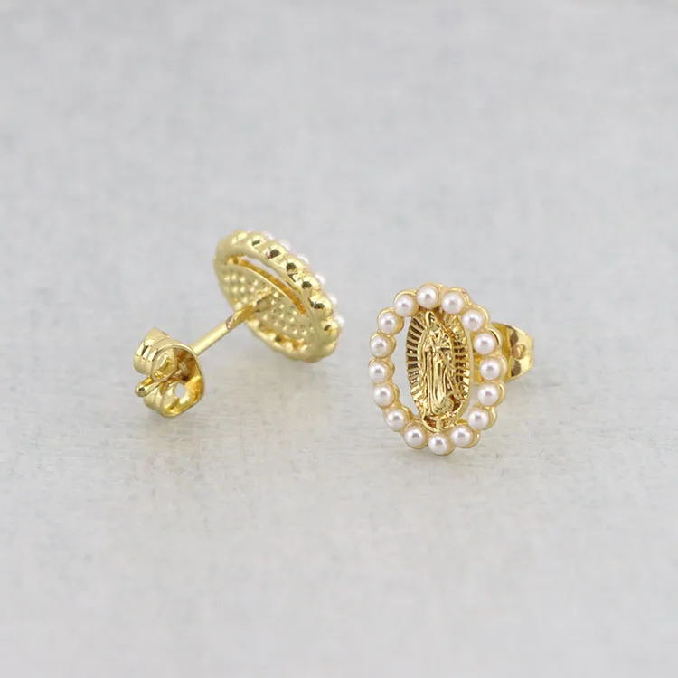 

EP1045 Chic 18k Gold Mary Jewelry Earring Collection Seed Pearl Pave Blessed Mother Mary Studs Earrings