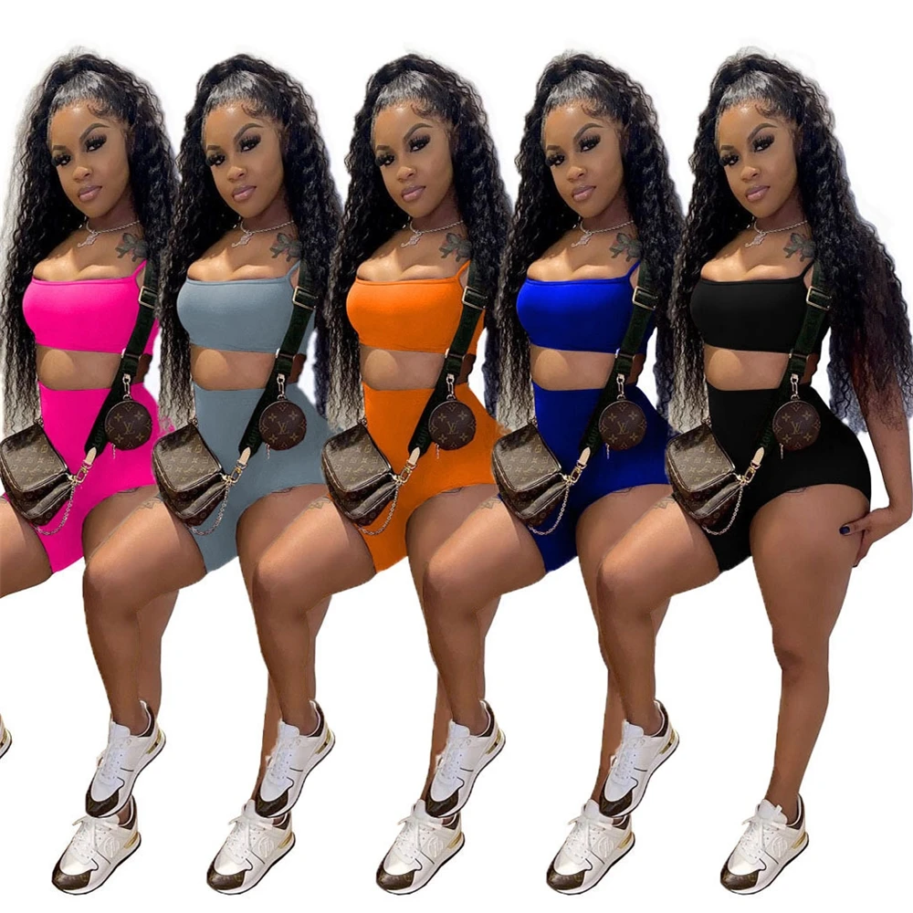 

EB-200311Women Trendy Tube Crop Top Two Piece Short Summer Jogging Sets Clothing Woman Biker Ladies Short 2 Two Piece Set Outfit