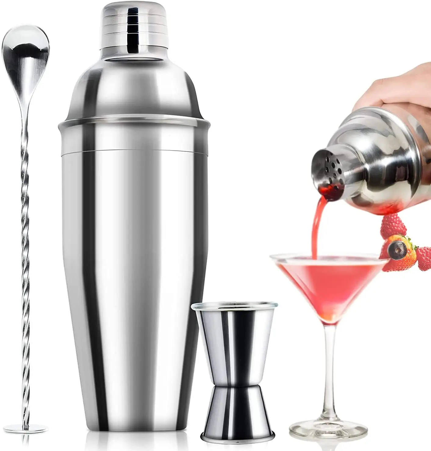 

Bar Accessories Jigger Set Bartender Kit Bag Tool Professional Stand Gift Travel Stainless Steel Barware Tools Shaker Cocktail, Silver, customizable