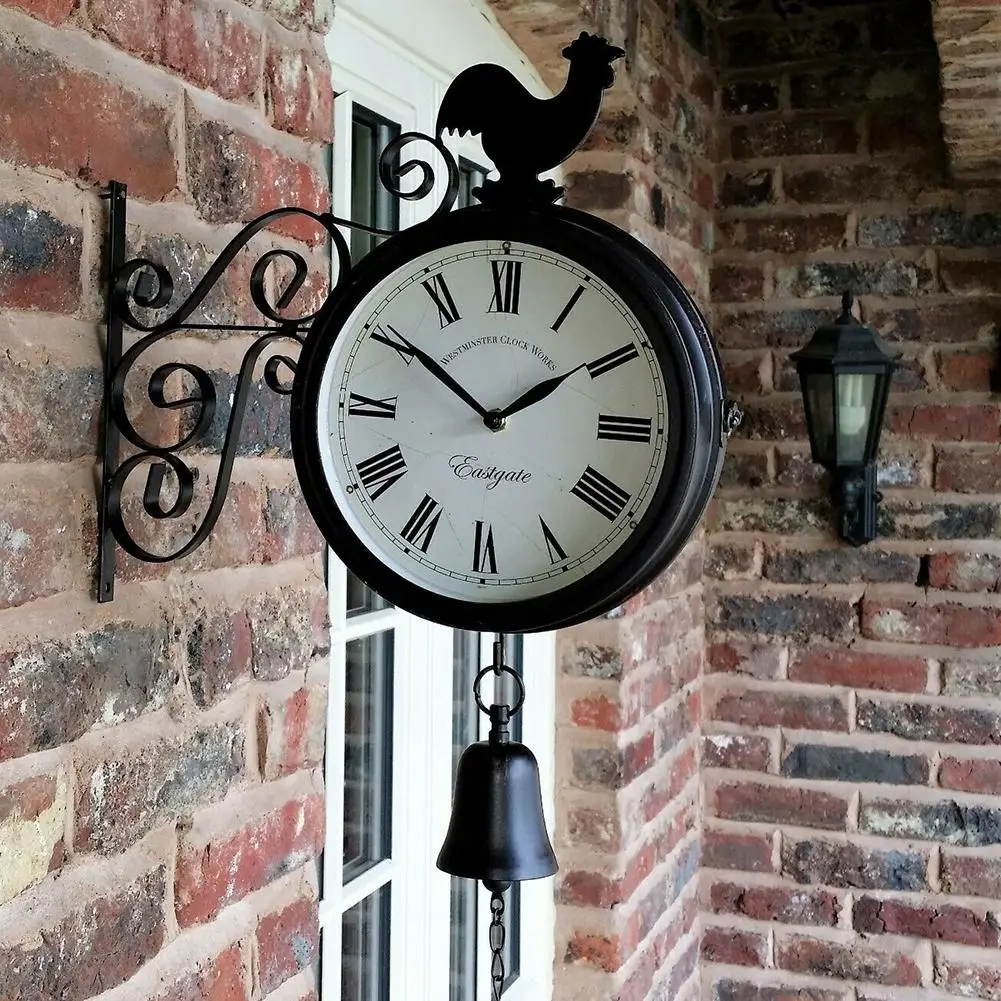 

Outdoor Wrought Iron Garden Clock Innovative Fashion Double Face Wall Clock Cockerel Bell Shape Hanging Wall Watch